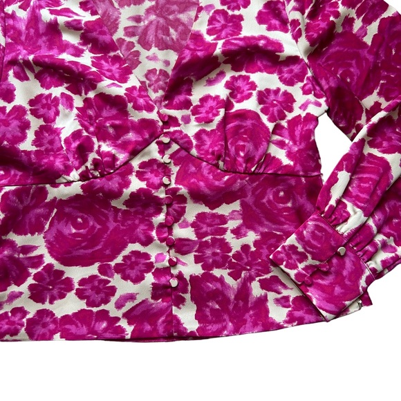 J. Crew hot pink berry plunge satin plunge blouse top covered buttons size 4 - Picture 6 of 12